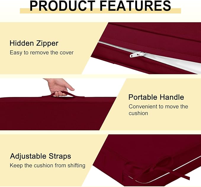 downluxe Waterproof Outdoor Chair Cushions for Patio Furniture, 22" x 22" x 3" Patio Chair Cushion with Adjustable Ties & Portable Handle, Square Outdoor Cushion with Removable Cover, Burgundy, 2 Pack