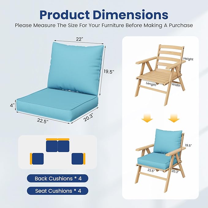 UDPATIO Outdoor Cushions for Patio Furniture, Patio Seat Cushions Fits 4-seat Sectional Patio Conversation Sets, Replacement Sofa Cushions for Outdoor Furniture (Sky Blue)