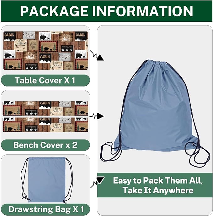 Picnic Table Cover with Bench Covers Elastic Edges, Vintage Camper Fitted Table Cover, Outdoor Patio Camping Essentials 72 Inch 3PCS, Waterproof Camping Fitted Tablecloth with Drawstring Bag