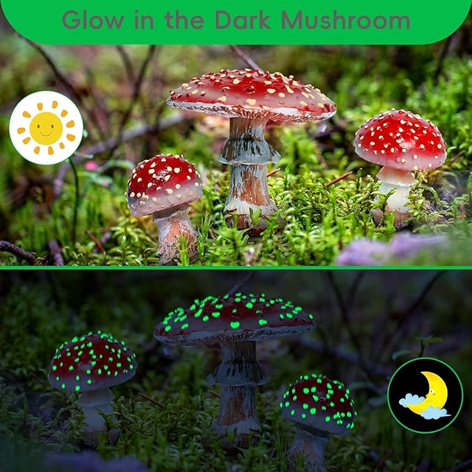 3 Pcs Garden Mushroom Decor Glow in The Dark Mushroom Decor, Fairy Garden Accessories Status Perfect for Fairy Gardens, Terrariums & Planters