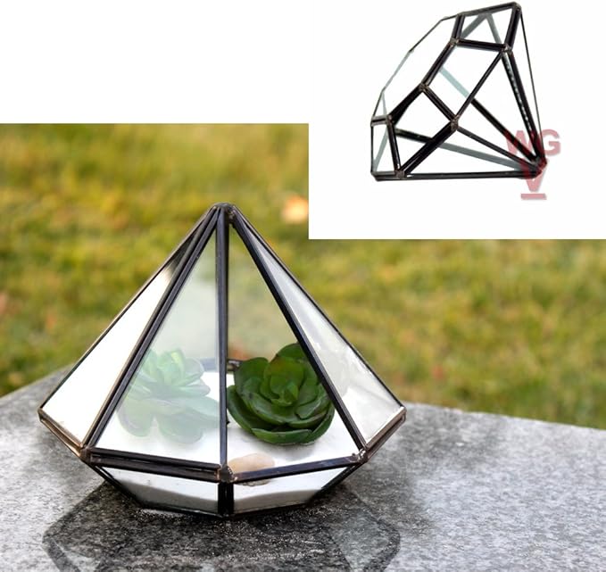 WGV Geometric Planter Terrarium, Width 5.3" Height 6" Clear Glass Black Frame DIY Succulent air Plant Miniature Fairy Garden Windowsill Tabletop Decor, Diamond 1 Piece