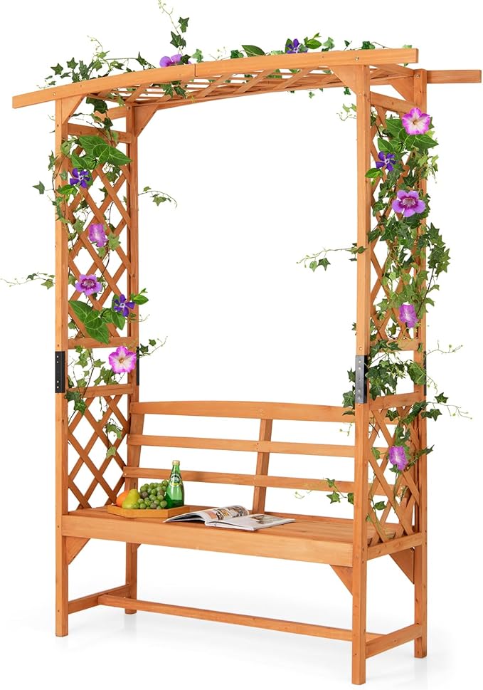 Happygrill Patio Garden Arbor with Bench, Garden Arch Trellis w/Pergola & Side Trellises for Climbing Plants Vines Grapes, 2-Seat Wooden Outdoor Bench, Garden Archway for Wedding Party Backyard