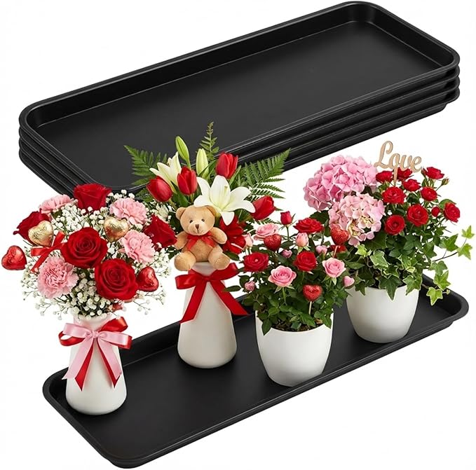 4 Pack Black 24 x 8.2 x 0.8 Inch Rectangle Plant Saucer Large Plastic Plant Tray Water Drip Trays for Windowsill Flower Pot Planter Drainage Germination Garden Outdoor Indoor Use