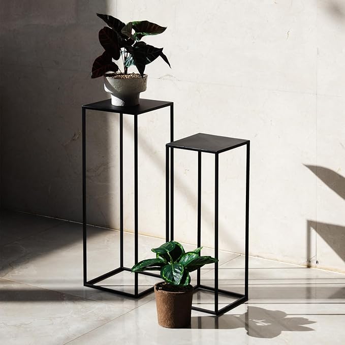 Pack of 2 Already installed Black Plant Stand,Dimension 9.84*H27.56in and 8.66*H23.62in,indoor stable steel frame Flower Stands drink table for party wedding Centrepieces Living Room Patio Garden
