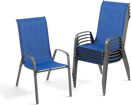 MAMIZO Patio Dining Chairs, Stackable All Weather Teslin Chair, Heavy Duty Outdoor Breathable Chairs Set, w/Armrests, Upgraded Chair FeetW/Strenthened Iron Spacers, 330 LBS (6, Navy Blue)
