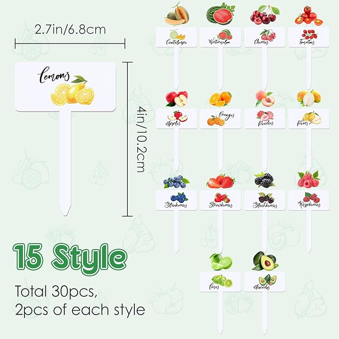 30 Pcs Acrylic Fruit Plant Labels for Outdoor Garden Waterproof Garden Markers for Plants, Fruit Seeds Name Tags for Planting 15 Styles T-Type Reusable Plant Labels for Nursery Decoration