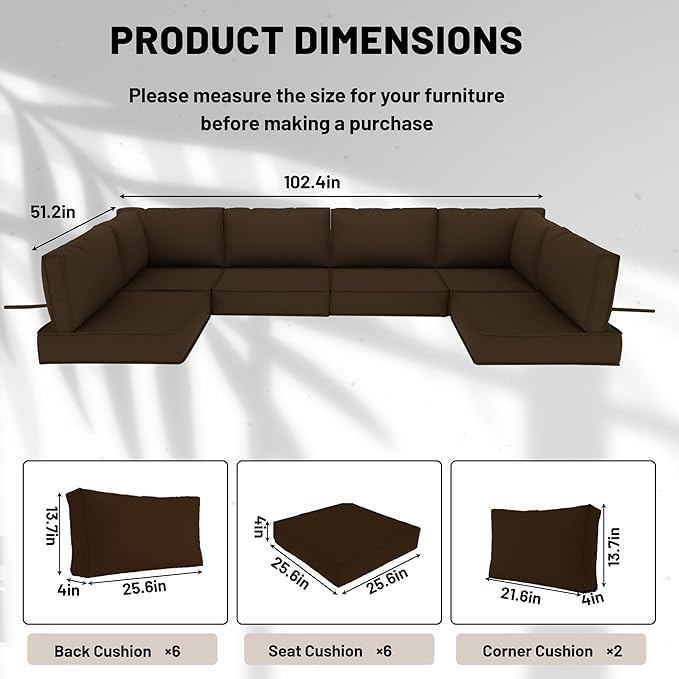 14 Piece Outdoor Sectional Cushions, Water-Resistant Outdoor Sofa Cushions Replacement, 4" High Density Foam Patio Furniture Cushions Fits 6-seat Rattan Conversation Set (Brown)