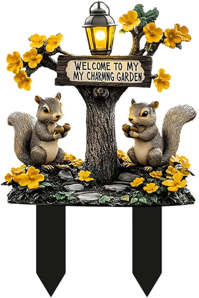Cute Squirrels Garden Stake Decor, 2D Flat Stained Acrylic Animal Sign, Small Animal Ornament Indoor Outdoor Yard Lawn Pot Plant Decorative Accessories