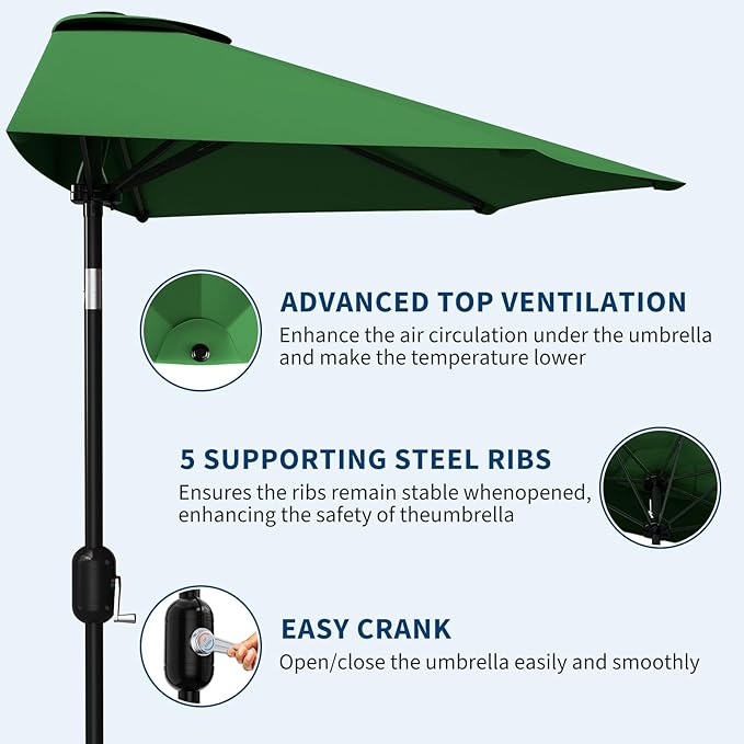 Garvee Patio Umbrella 9FT - Half Umbrella Outdoor with Smooth Crank Lift, Outdoor Shade Canopy for Patio, Backyard, Garden, Deck, Balcony -Dark Green