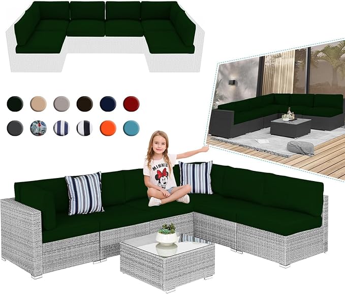 Outdoor Sectional Cushions, 4" Foam High-Density, Water-Resistant Couch Cushions Replacement Set, 14 Piece Patio Sectional Cushion for 6-Seat Sectional Patio Conversation Sets (Dark Green)