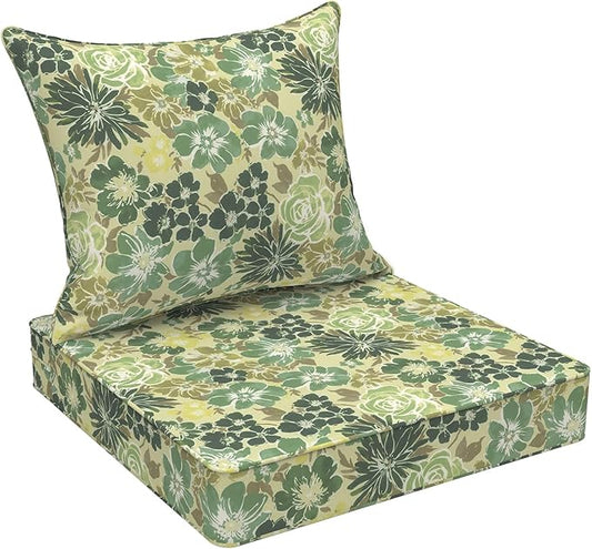 Outdoor Deep Seat Cushion Set, Water Repellent 22"x22" Patio Thick Cushions Replacement with Seat & Back Pillow for Patio Sofa, Wicker Chair, Couch - Green Rose