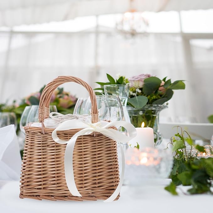 Baluue Rattan Woven Small Bag with Handle Decorative Flower Basket for Wedding Home and Garden Storage Portable Lightweight Wicker Purse 10.82X9.05X5.11 Inches