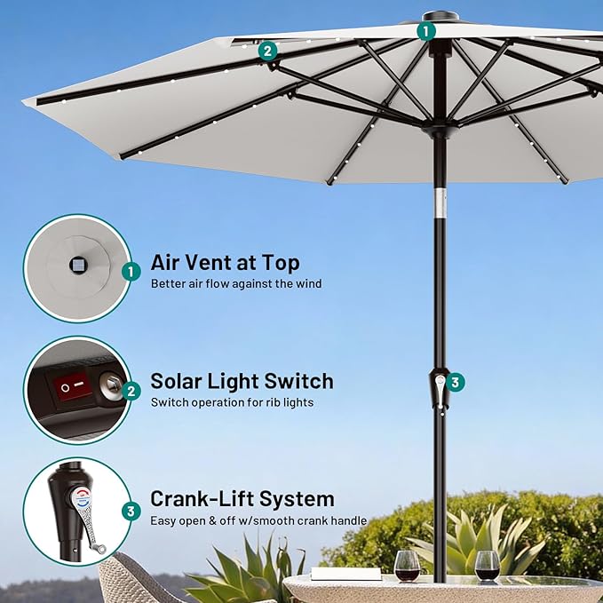 AreShark 9FT Patio Umbrella with Solar Lights, 32 LED Lighted Pool Umbrella w/Tilt and Crank, Outdoor Market Solar Umbrellas for Garden, Deck, Backyard, Pool and Beach, Light Gray