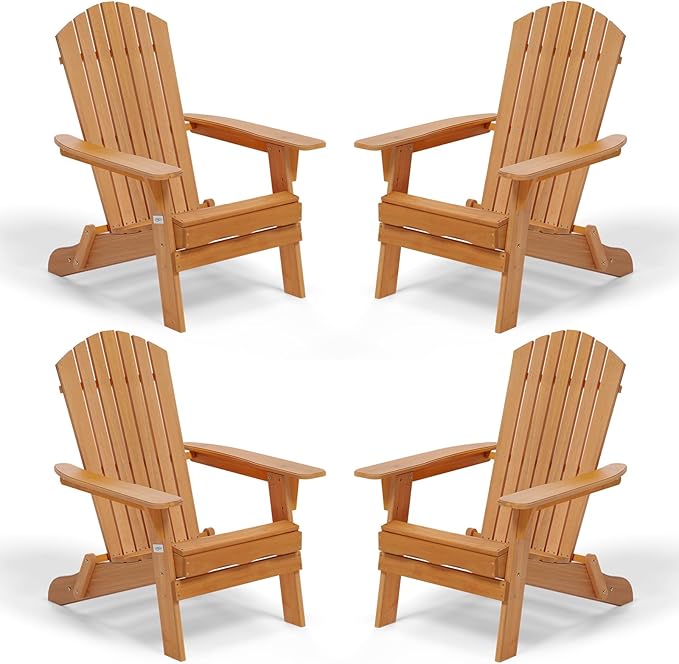 VINGLI Folding Adirondack Chairs Set of 4, Wood Adirondack Chair for Outdoor, Foldable Fire Pit Chairs for Patio, BBQ, Porch, Yard, Pool