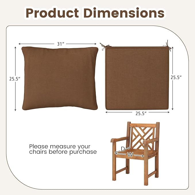 Giantex Patio Cushion Set, Outdoor Chair Seat Pads w/Non-Slip Rope Belts, Detachable Patio Furniture Cushions, Thick Seat Cushion & Back Cushion for Living Room Floor Sofa Patio Garden Chair (Brown)
