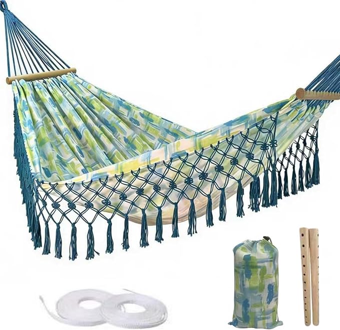 Boho Classic Hammock with Tassel,Max 500lbs Handmade,2 Person Hammock Hammock for Indoor & Outdoor, Lightweight Durable - for Patio, Porch, Backyard Lounging(Blue)