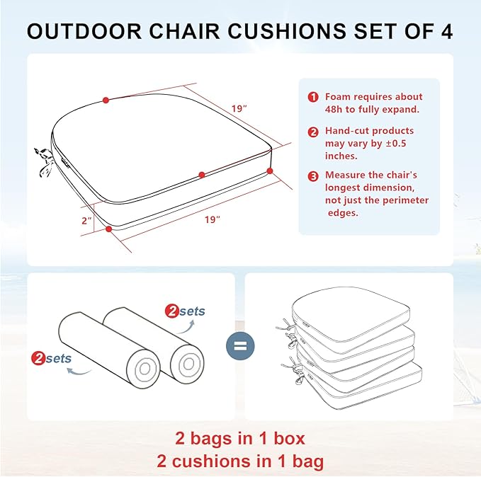 Favoyard Outdoor Chair Cushions 19"x19"x2" Set of 4 Waterproof Seat Cushion for Patio Furniture with 3-Year Fade Resistant Removable Cover Attach Straps Hidden Zipper Round Corner for Yard Garden