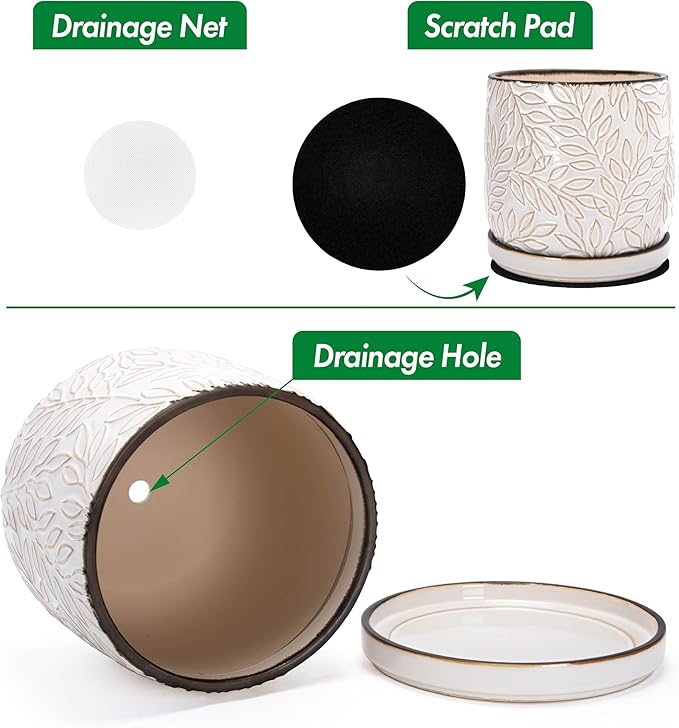 D'vine Dev 8 Inch Embossed Leaves Stoneware Planter Pot with Drainage Hole and Saucer, Smoked White, 27-A-Q-1