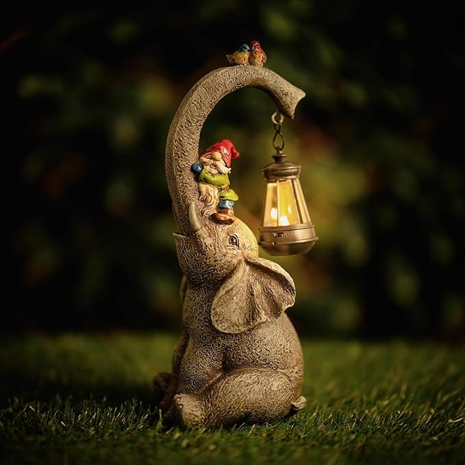 Banax Elephant Solar Garden Ornaments with Lanterns 11 in Elephant Garden Statues Outdoor Figurines with Solar Powered LED Lights for Garden Decor Durable Resin Outdoor Statues for Patio Yard