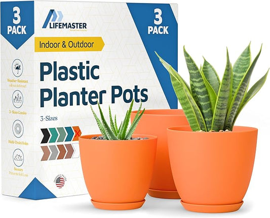 Yellow Plant Pots with Drainage Holes & Saucers 3 Pack, Indoor & Outdoor Stackable Space-Saving Planters for Houseplants & Flowers, (7", 6.7", and 6" Inches), Durable & Weatherproof Materials