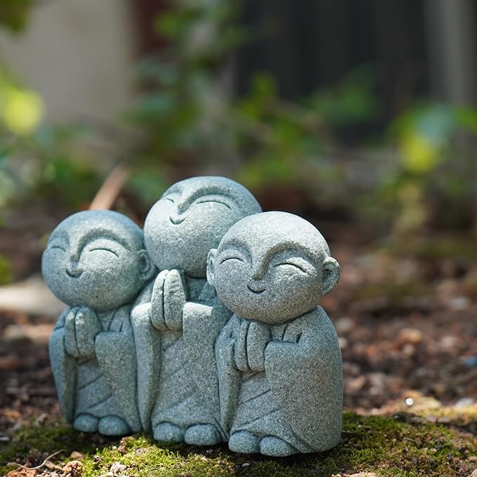 OwMell Japanese Jizo Monk Statue, Buddha Jizo Figurine Memorial Aquarium Statue Ornament - Smiling