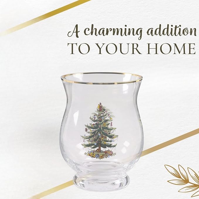 Spode Christmas Tree Hurricane Pillar Candle Holder, Glass Flower Vase, Terrarium Planter, Decorative Centerpiece, Use for Floating Tealights, Home Display, Holiday, 6.5”