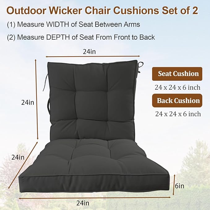2 Piece Outdoor Patio Chair Cushions, Fade Resistant Outdoor Cushions for Patio Furniture, 6 inch Thickened Rocking Chair Cushions Set (Dark Gray, 24x24x6 inch - 2 Pieces)
