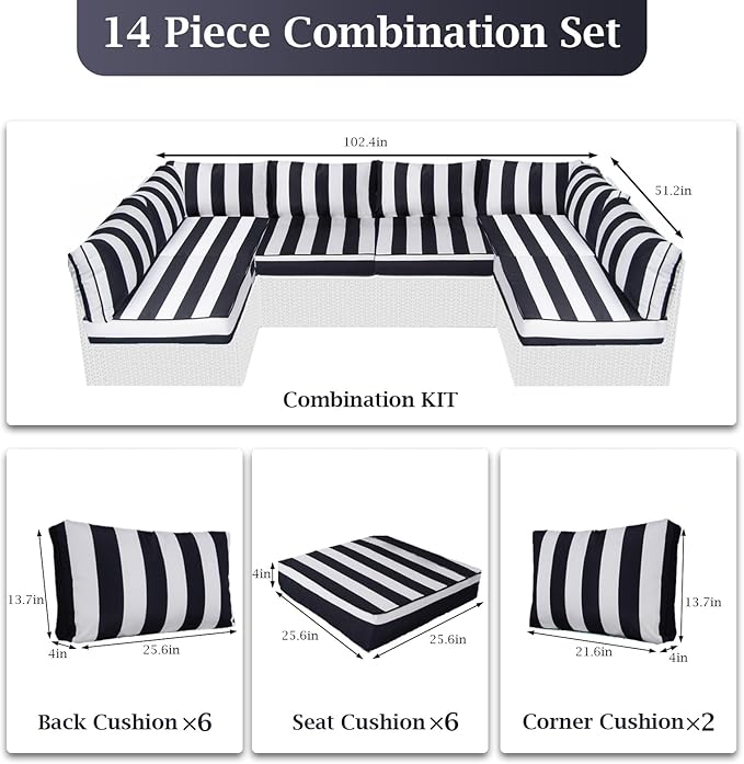 Outdoor Sectional Cushions, 4" Foam High-Density, Water-Resistant Couch Cushions Replacement Set, 14 Piece Patio Sectional Cushion for 6-Seat Sectional Patio Conversation Sets (Black white stripes)