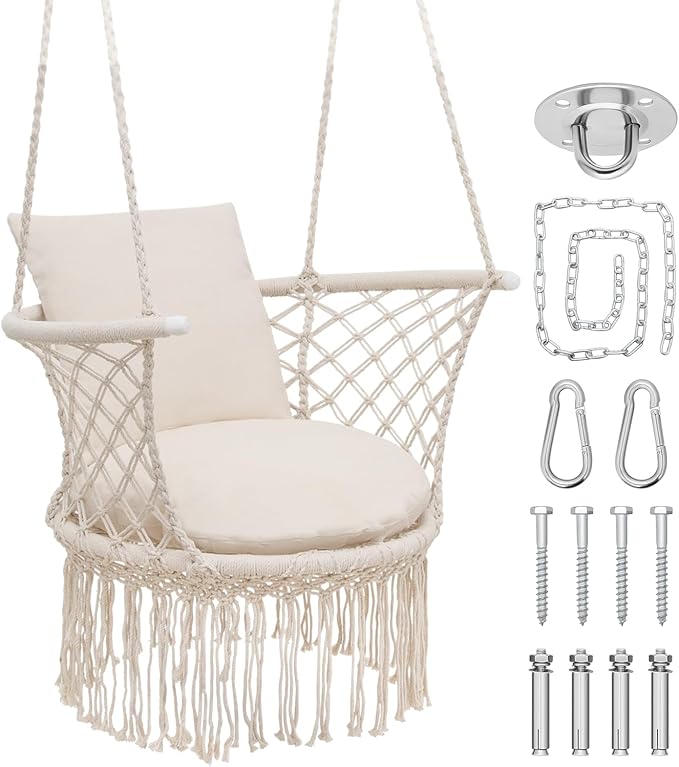 Athena Collection Hammock Swing Chair with Cushion, Outdoor Macrame Chair with Mounting Hardware, Max 350 Lbs, Large Cotton Rope Hanging Chair for Outdoor Indoor Porch Garden, Beige