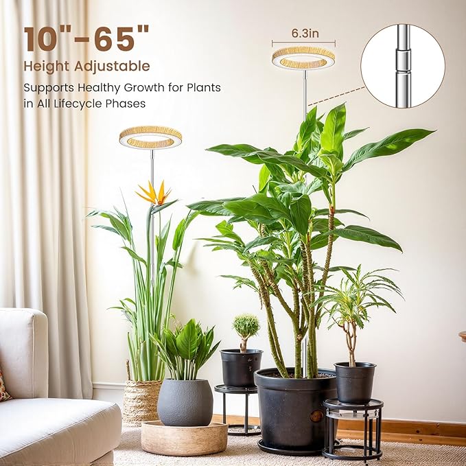 6.3in Plant Lights for Indoor Growing, Full Spectrum Faux Wood Grain Grow Light, 80 LED Growing Lamp with Height Adjustable 10"-65", 6/12/16H Timer, 3 Optional Spectrums, 5 Brightness, 3 Pack
