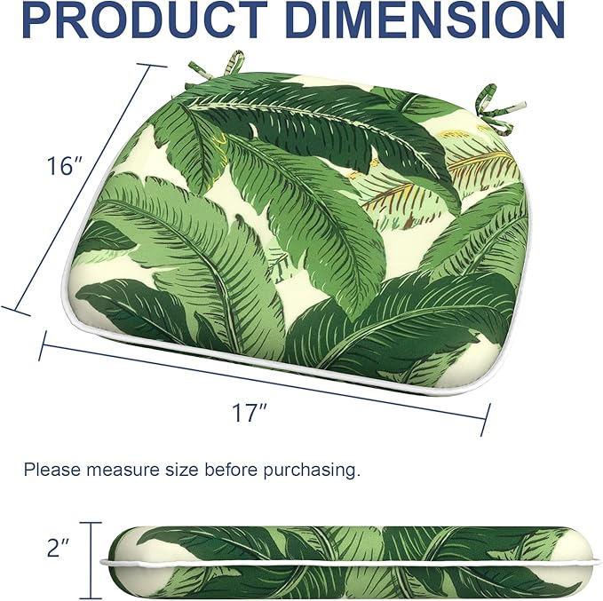 Outdoor Chair Cushions Set of 2, Water Resistant Patio Chair Pads with Ties, Seat Cushions for Home Garden Furniture Decoration, 16"x17", Swaying Palms Green