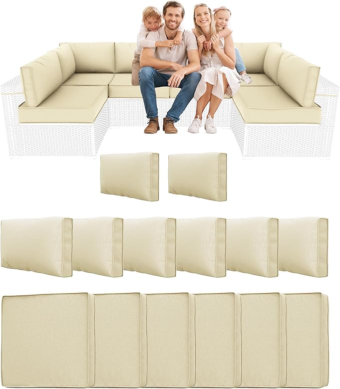 14 Piece Outdoor Sectional Cushions, Water-Resistant Outdoor Sofa Cushions Replacement, 4" High Density Foam Patio Furniture Cushions Fits 6-seat Rattan Conversation Set (Beige)