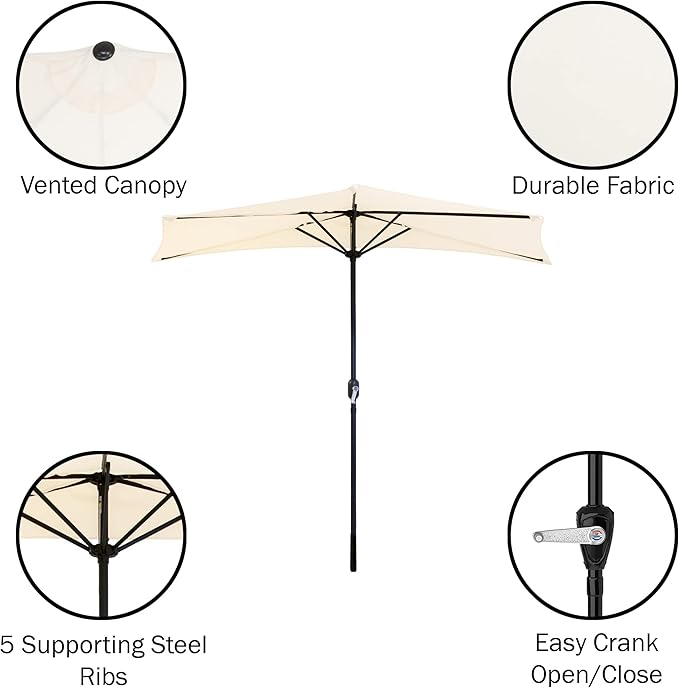 9-Ft Half Patio Umbrella Easy Crank Semicircle Balcony Shade with 20lb Weighted Base for Deck, Porch, or Against a Wall by Pure Garden (Tan)