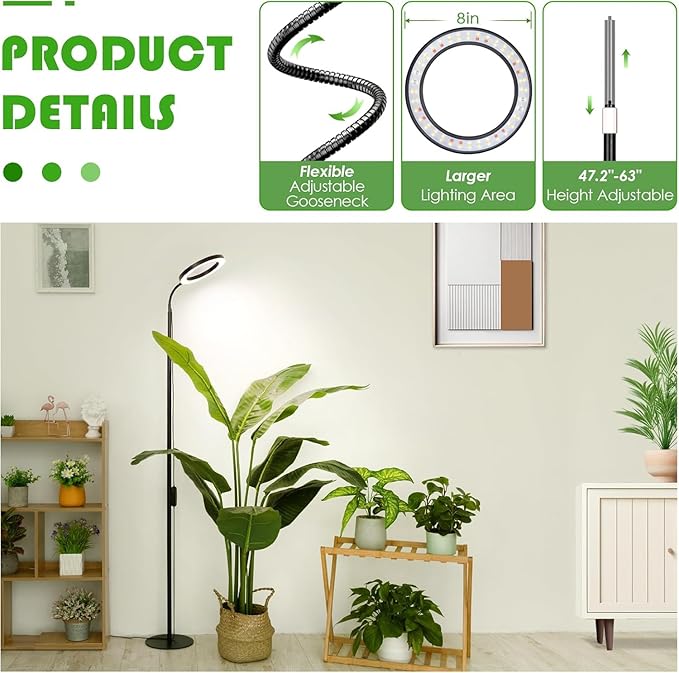 LBW Grow Lights for Indoor Plants with Stand Full Spectrum, Floor Plant Lights for Indoor Growing, 108 LEDs Standing Plant Lamp, 4/8/12H Auto Timer, 6 Brightness,68inchs Height Adjustable,7.8 Diameter