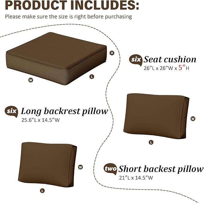 Outdoor Furniture Replacement Cushions, 5" Foam Foam High-Density, Fits 6-seat Sectional Rattan Conversation Set, 14 Piece Patio Water-Resistant Replacement Sofa Cushions, Liner&Cover