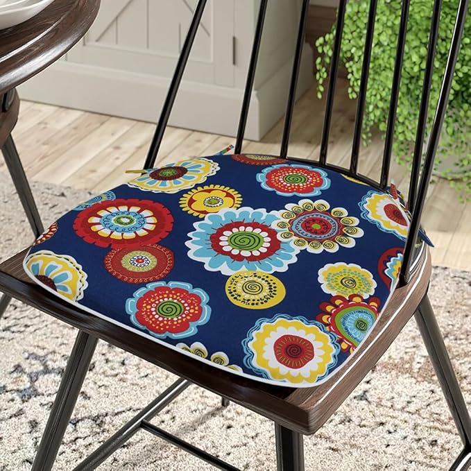 Magpie Fabrics Outdoor/Indoor 17"x16"x2" Chair Cushions with Ties Set of 2, Waterproof All Weather U-Shape Seat Pads Decoration for Patio Garden Furniture Home Office (Floral Navy)