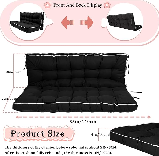 2-3 Seat Swing Replacement Cushion, Outdoor Bench Cushions with Backrest Thicken 4", Patio Furniture Garden Porch Loveseat Glider Pad Anti-Fading Waterproof (Black, 40x55in)