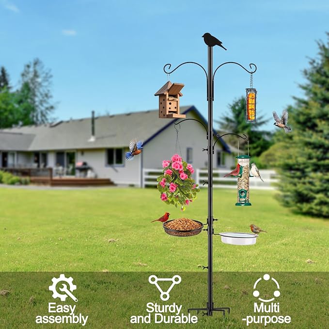 Camii 75 inch 4-Hook Bird Feeder Pole Kit, Adjustable Shepherds Hook with Tray, Water Bowl, 5-Prong Reinforced Base, Garden Hooks for Hanging Bird Feeders, Hanging Plants, Solar Light Lantern