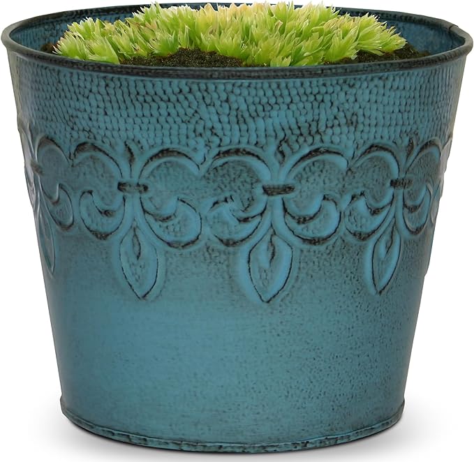 Headwind Ironlite Fleur De Lis Collection – 6" Surf Blue Decorative Planter with Drain Plug – Lightweight Metal Garden Pots for Indoor & Outdoor Planters Use by Robert Allen