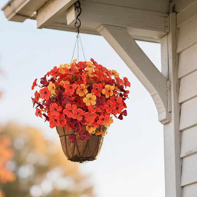 Artificial Fall Mums Flowers Plants for Outdoor Decoration, 12 Bundles Fake Faux Silk Orange UV Resistant Look Real for Autumn Front Door Porch Planter Patio Garden Home (12Pcs Orange Begonia)