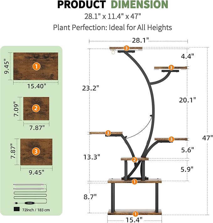 Plant Stand Indoor with Grow Light, 47" Corner Plant Stands for Indoor Plants Multiple, 7 Tiered Metal Plant Shelf Indoor Display Rack Holder, Flower Stand for Living Room, Balcony, Garden, Patio