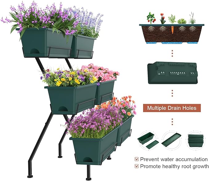 Vertical Raised Garden Bed 3 Tier Vertical Garden Planter with 6 Container Boxes Indoor Outdoor Standing Herb Planter with Drainage Holes Removable Tray for Small Space Patio Balcony Porch, Green
