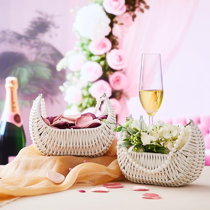 Taiyin 2 Pcs Rattan Flower Girl Basket with Pearl Handle Small Half Moon Wicker Basket for Wedding Flower Girl Picnic Garden Storage and Home Decor (White)