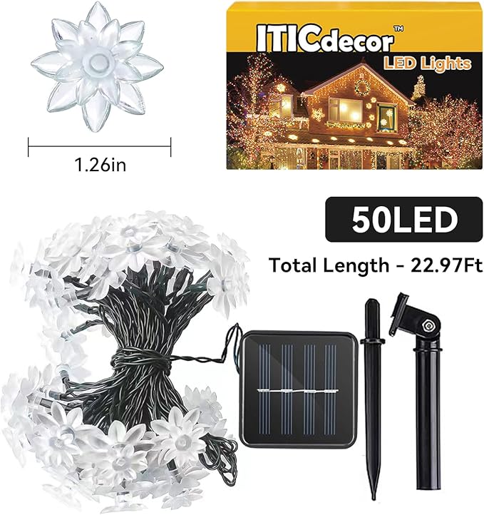 ITICdecor Solar Flower String Lights Outdoor Waterproof 50 LED Upgraded Flower Fairy Light for Garden Fence Patio Yard Christmas Tree Lawn Party (Warm White)