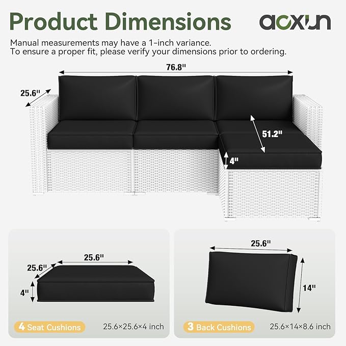 Aoxun Patio Furniture Cushions for Outdoor Furniture Set of 4, Thick Replacement Patio Couch Cushions for Outdoor Furniture, 7-Piece Splashproof Fade Resistant Outdoor Couch Cushions, Black