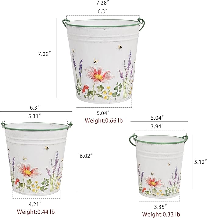 3-Piece Floral Metal Planter Bucket Set - Rustic Lavender Decorative Flower Pots for Succulents, Herbs & Indoor/Outdoor Garden, Flower Arranging, Wedding Party Home Decor Accents