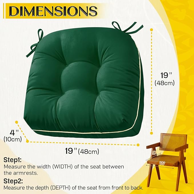 Outdoor Chair Cushions Set of 2, Outdoor Cushions for Patio Furniture and Wicker Chair, Memory Foam Patio Seat Cushion Pads with Ties, 19 x 19 Inch (Green)