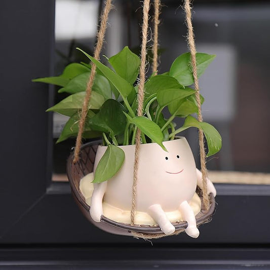 NINIPAPA Hanging Swing Chair Planter Pot Smile Face Plant Pot for Indoor Outdoor Plants Cute Head Flower Pots for Succulent String of Pearls Unique Gift on Mother's Day, Birthday, Christmas