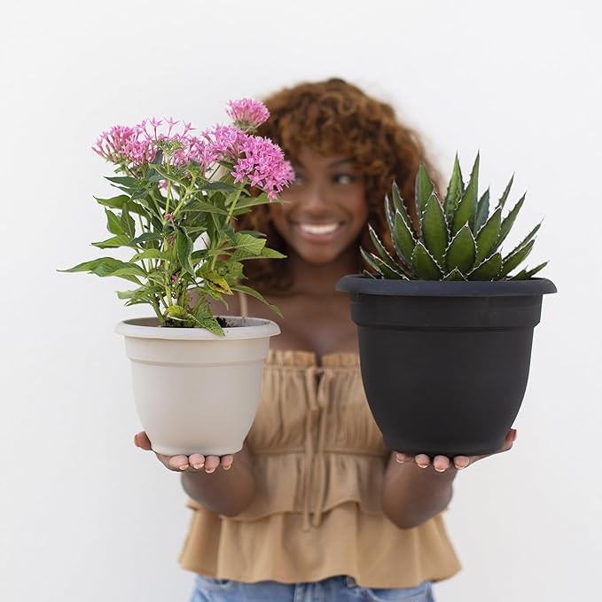 Bloem Ariana 10" Black Round Self-Watering Resin Planter Pot - Rolled Rim Indoor and Outdoor Gardening Planter