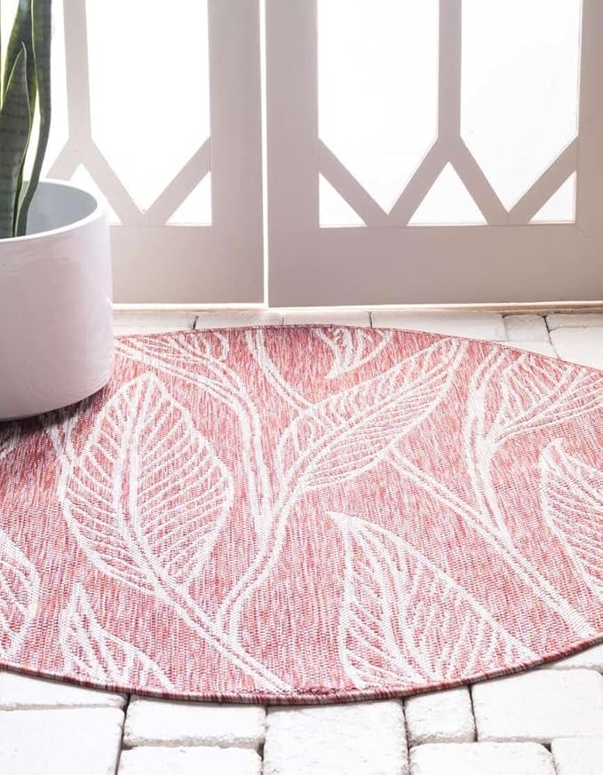 Unique Loom Outdoor Botanical Collection Area Rug - Leaf (13' Round Rust Red/Gray)